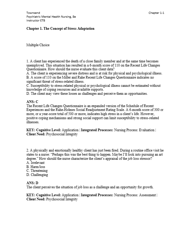 Test Bank for Psychiatric Mental Health Nursing Concepts of Care in Evidence-Based Practice 8th Edit