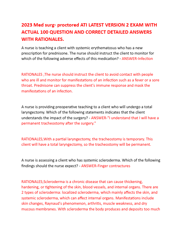 2023 Med surg- proctored ATI LATEST VERSION 2 EXAM WITH ACTUAL 100 QUESTION AND CORRECT DETAILED ANS