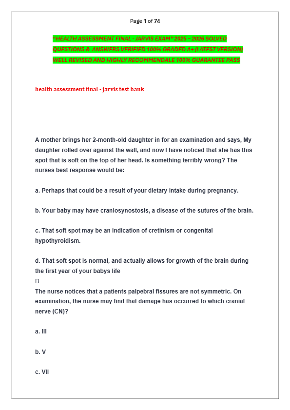 “HEALTH ASSESSMENT FINAL - JARVIS EXAM” 2025 – 2026 SOLVED  QUESTIONS &  ANSWERS VERIFIED 100% GRADE