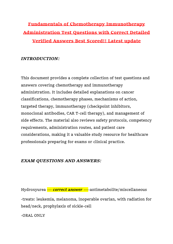Fundamentals of Chemotherapy Immunotherapy Administration Test Questions with Correct Detailed Verif