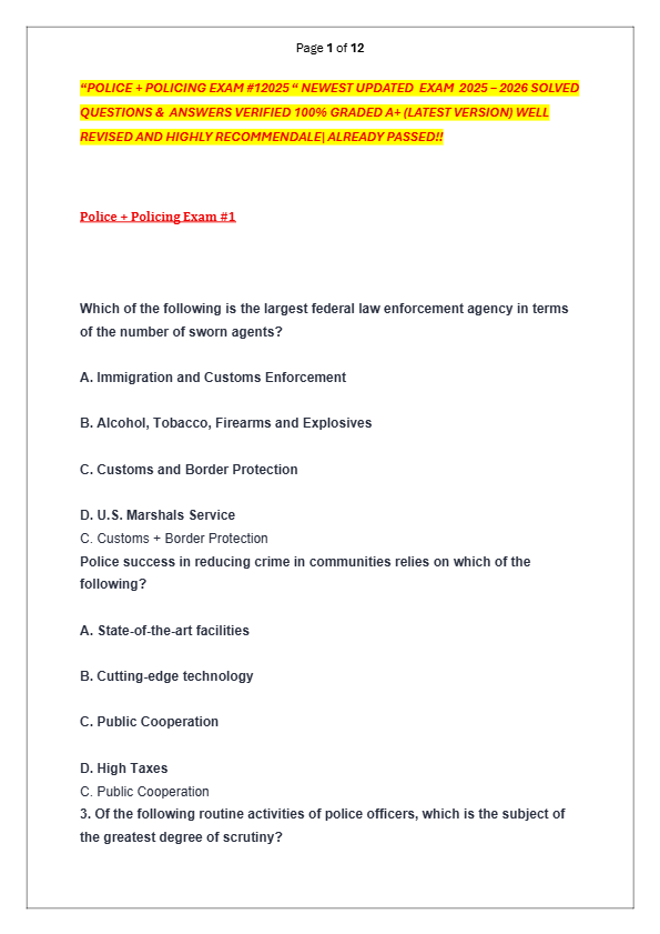 “POLICE + POLICING EXAM #12025 “ NEWEST UPDATED  EXAM  2025 – 2026 SOLVED  QUESTIONS &  ANSWERS VERI