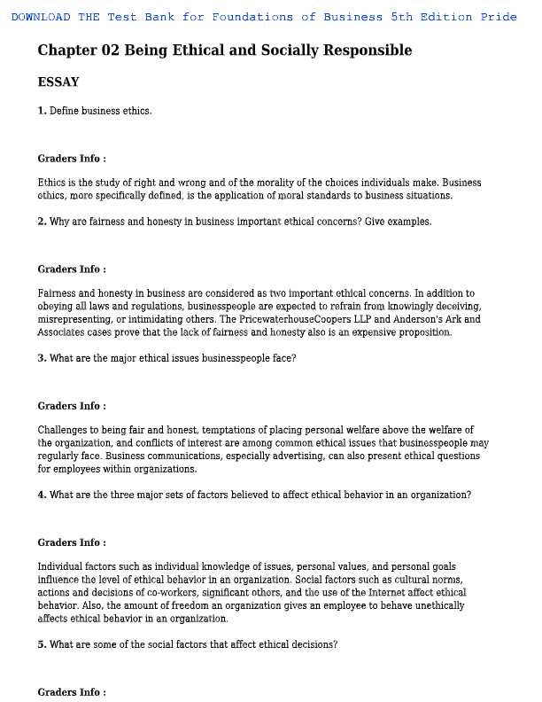 Foundations of Business 4th Edition Test Bank – Chapter 2: Ethics & Social Responsibility | Pride, H