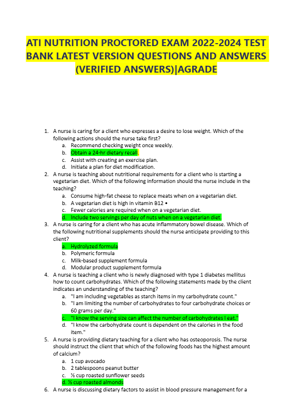 ATI NUTRITION PROCTORED EXAM 2022-2024 TEST BANK LATEST VERSION QUESTIONS AND ANSWERS