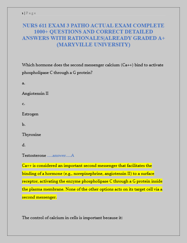 NURS 611 Exam 3 Pathophysiology Study Guide 2025 | 1000+ Q&A with Rationales | Graded A+