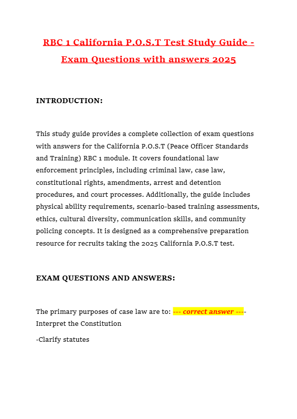RBC 1 California P.O.S.T Test Study Guide - Exam Questions with answers 2025