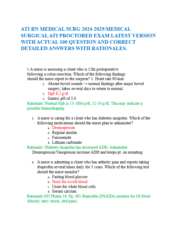 ATI RN MEDICAL SURG 2024-2025/MEDICAL SURGICAL ATI PROCTORED EXAM