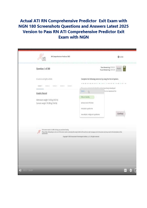 Actual ATI RN Comprehensive Predictor  Exit Exam with NGN 180 Screenshots Questions and Answers Late