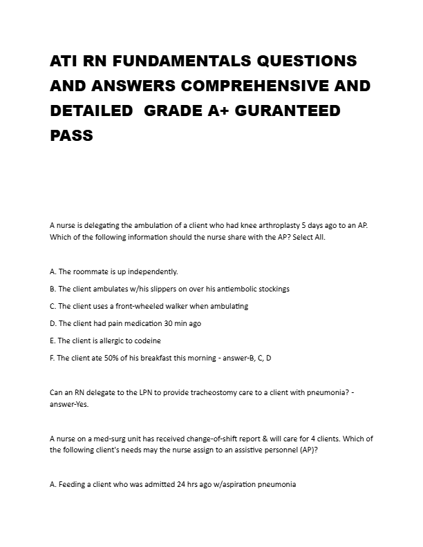 ATI RN FUNDAMENTALS QUESTIONS  AND ANSWERS COMPREHENSIVE AND  DETAILED  GRADE A+ GURANTEED  PASS
