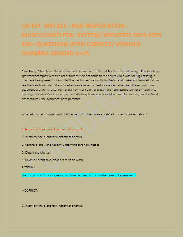 LATEST BSN 215 - HESI REMEDIATION - MUSCULOSKELETAL SYSTEM/ HEPATITIS 2024-2025 100+ QUESTIONS WITH