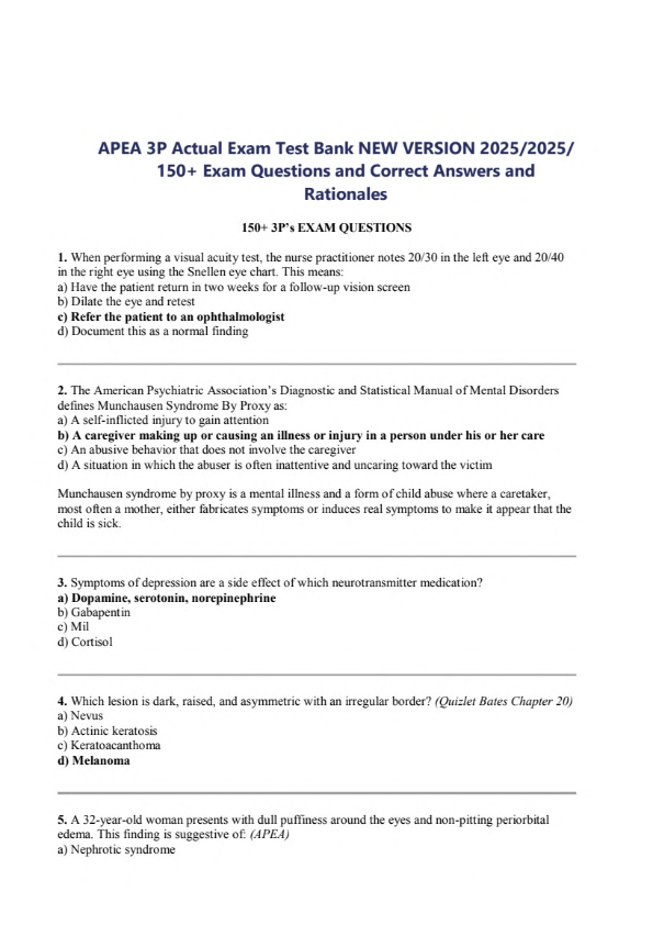 APEA 3P Exams Test Bank: New Version 2025/2026 – 150+ High-Yield Questions with Correct Answers & Ra