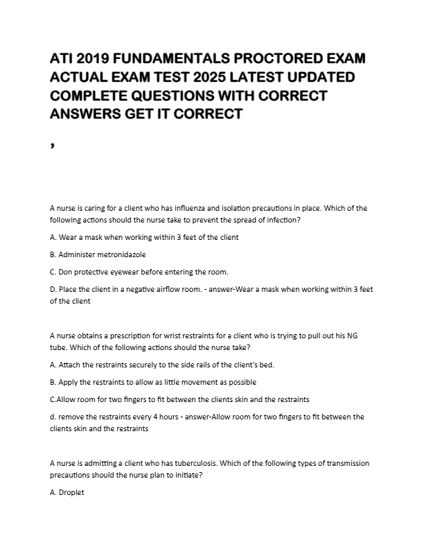 ATI 2019 FUNDAMENTALS PROCTORED EXAM  ACTUAL EXAM TEST 2025 LATEST UPDATED   COMPLETE QUESTIONS WITH