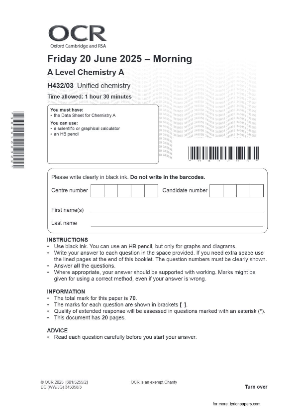 OCR A Level Chemistry A H432/03 Unified chemistry JUNE 2025