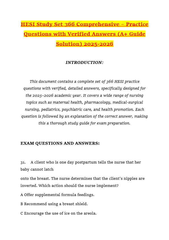 HESI Study Set 366 Comprehensive – Practice Questions with Verified Answers (A+ Guide Solution) 2025