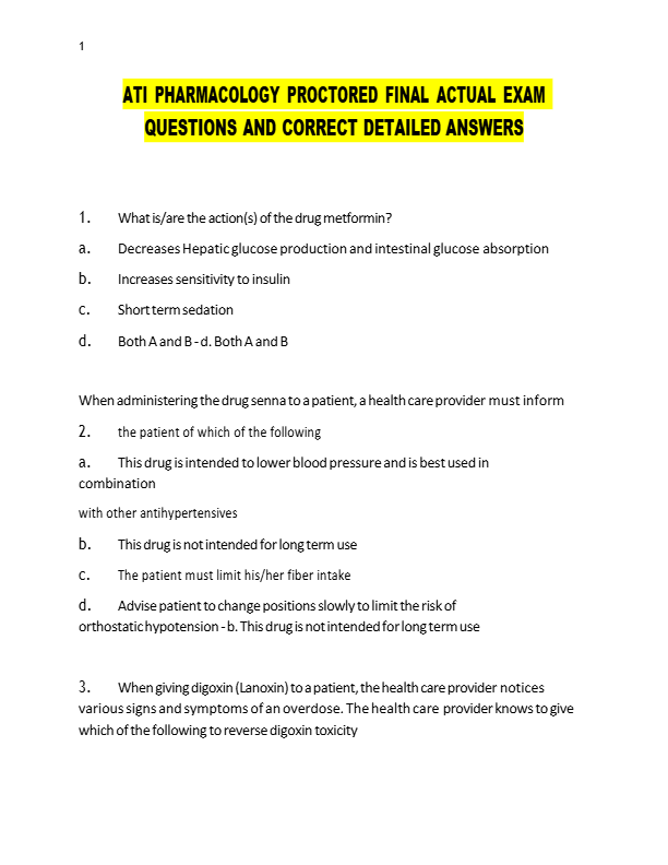 ATI PHARMACOLOGY PROCTORED FINAL ACTUAL EXAM  QUESTIONS AND CORRECT DETAILED ANSWERS