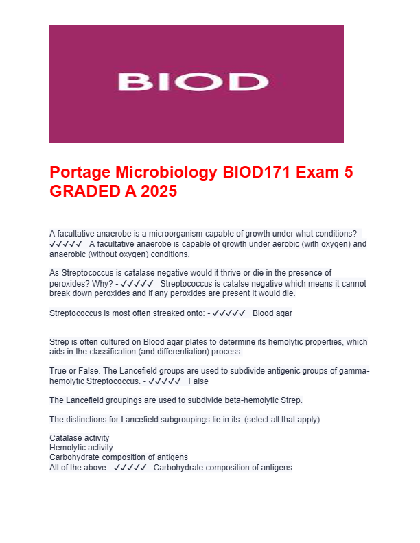Portage Microbiology BIOD171 Exam 5  GRADED A 2025
