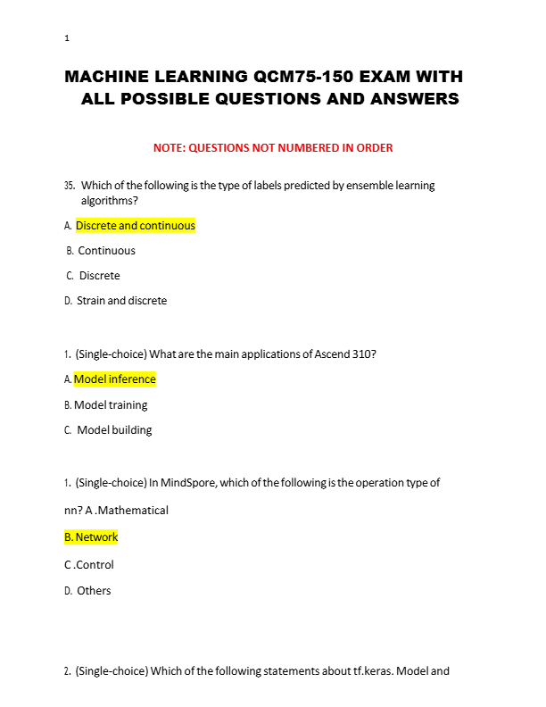 MACHINE LEARNING QCM75-150 EXAM WITH  ALL POSSIBLE QUESTIONS AND ANSWERS