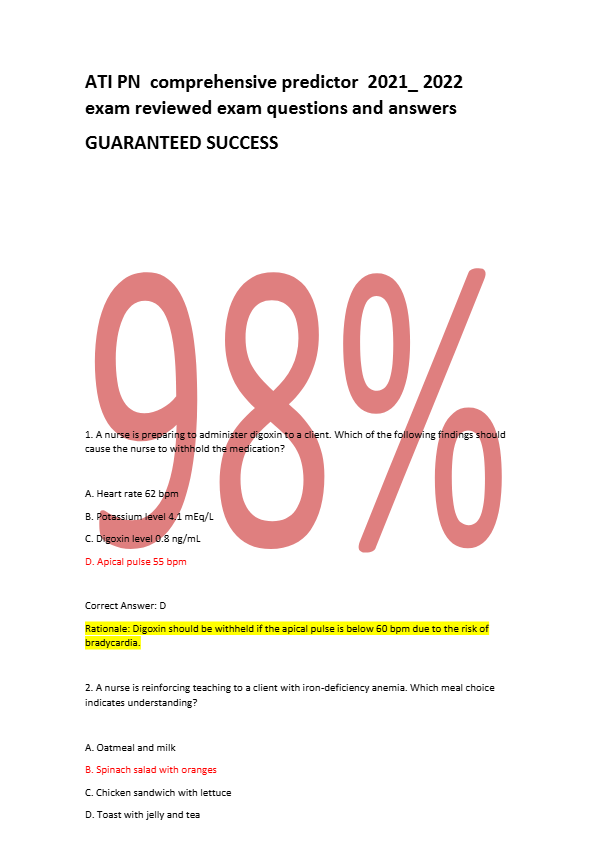 ATI PN comprehensive predictor 2021_ 2022 exam reviewed exam questions and answers GUARANTEED SUCCES