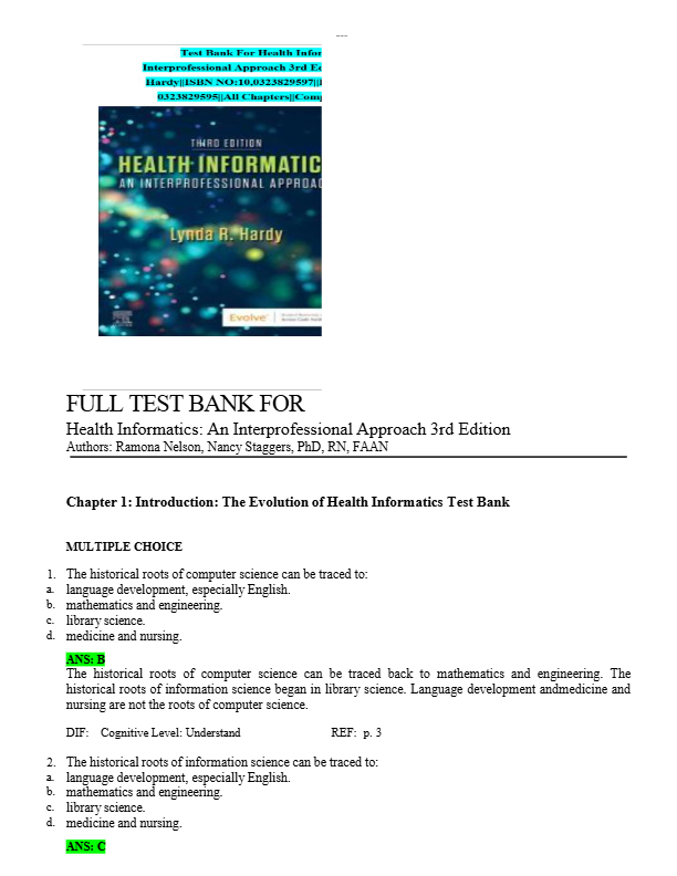 Test bank for health informatics an interprofessional approach 3rd edition by lynda r hardy all chap