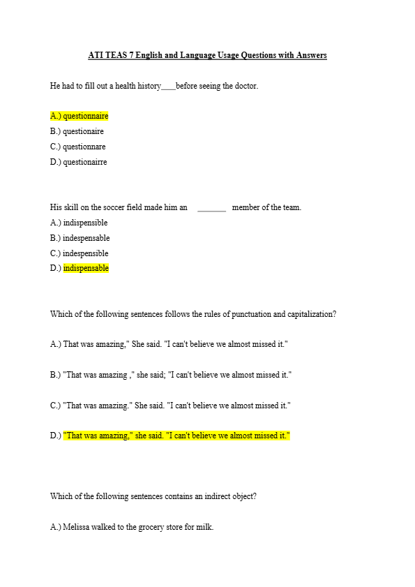 ATI TEAS 7 English and Language Usage Questions with Answers
