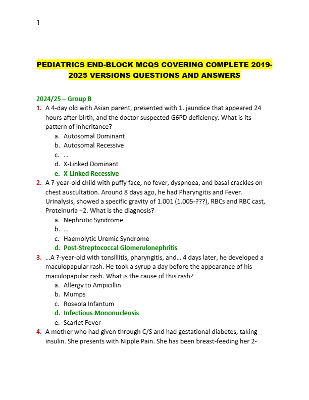 PEDIATRICS END-BLOCK MCQS COVERING COMPLETE 2019 2025 VERSIONS QUESTIONS AND ANSWERS