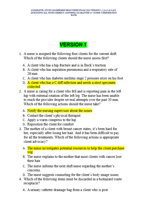 COMPLETE) ATI RN LEADERSHIP PROCTORED EXAM 2025 VERSION 1, 2,3,4,5 & 6 (420  QUESTIONS 100% CORRECT)