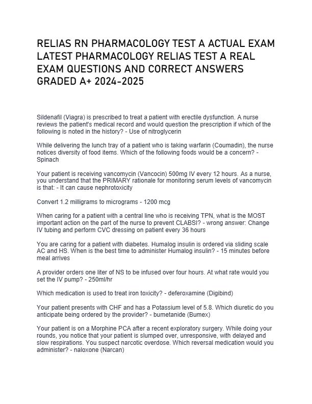 RELIAS RN PHARMACOLOGY TEST A ACTUAL EXAM LATEST PHARMACOLOGY RELIAS TEST A REAL EXAM QUESTIONS AND