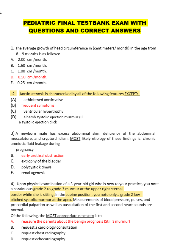 PEDIATRIC FINAL TESTBANK EXAM WITH  QUESTIONS AND CORRECT ANSWERS