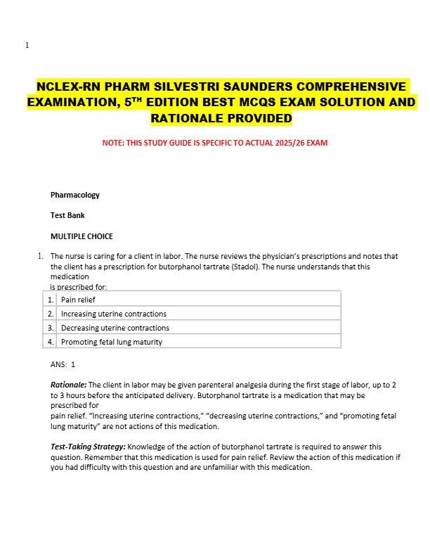 NCLEX-RN PHARM SILVESTRI SAUNDERS COMPREHENSIVE  EXAMINATION, 5TH EDITION BEST MCQS EXAM