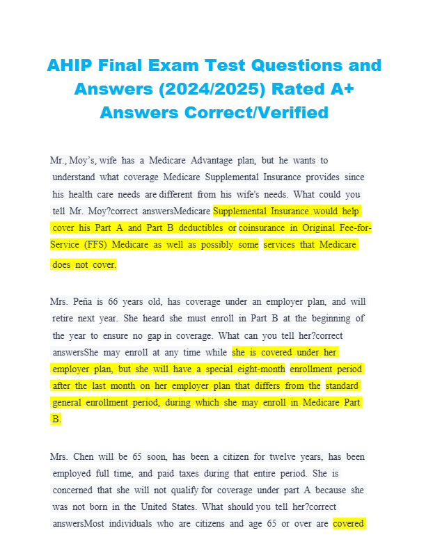 AHIP Final Exam Test Questions and  Answers (2024/2025) Rated A+  Answers Correct/Verified