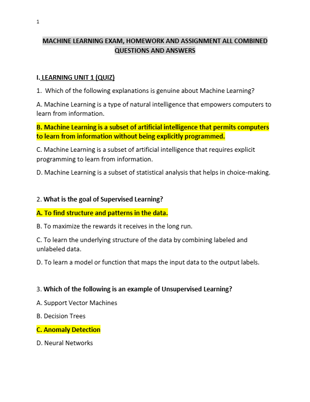MACHINE LEARNING EXAM, HOMEWORK AND ASSIGNMENT ALL COMBINED  QUESTIONS AND ANSWERS