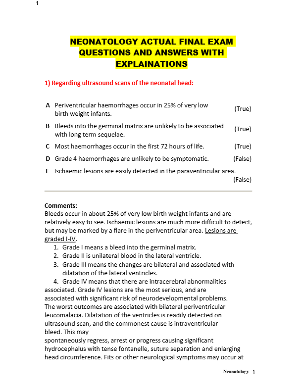 NEONATOLOGY ACTUAL FINAL EXAM  QUESTIONS AND ANSWERS WITH  EXPLAINATIONS