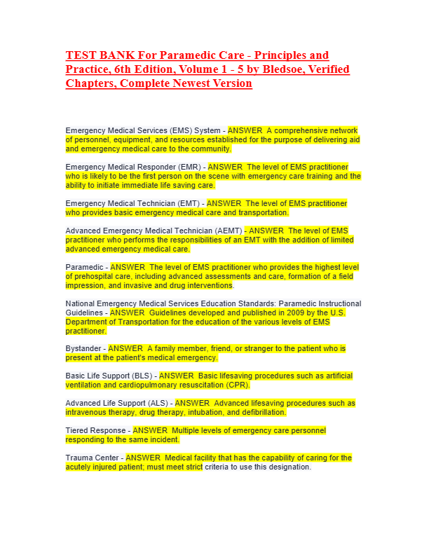Paramedic Care: Medical Emergencies 5th Edition Test Bank – Chapters 1–13 | Bledsoe & Cherry