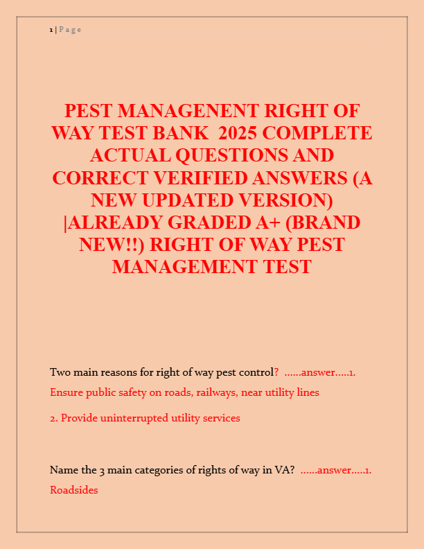 Pest Management Right of Way Test Bank 2025 | Complete Actual Questions & Verified Answers | A+ Grad