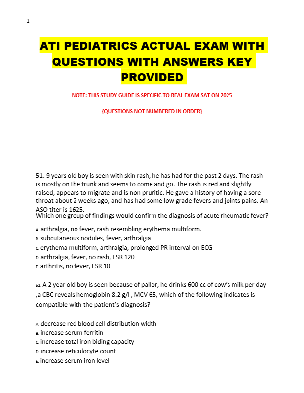 ATI PEDIATRICS ACTUAL EXAM WITH  QUESTIONS WITH ANSWERS KEY  PROVIDED