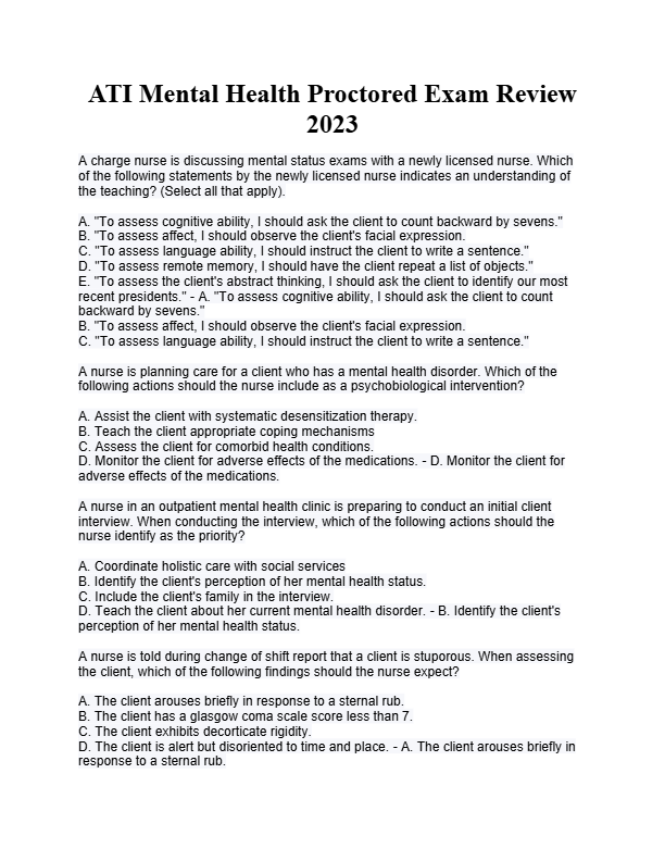 ATI Mental Health Proctored Exam Review  2023 -2025