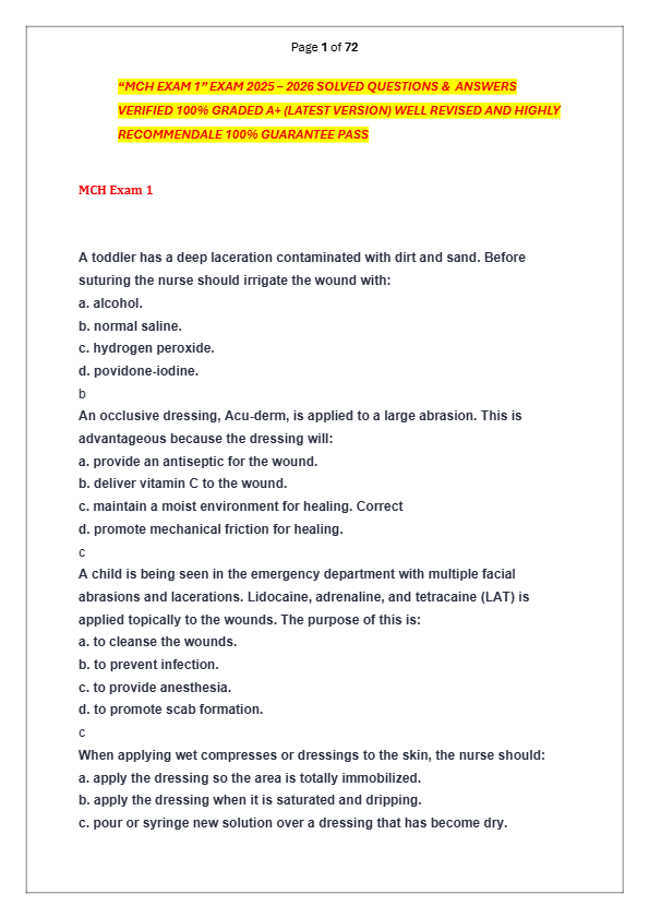 “MCH EXAM 1” EXAM 2025 – 2026 SOLVED QUESTIONS &  ANSWERS  VERIFIED 100% GRADED A+ (LATEST VERSION)