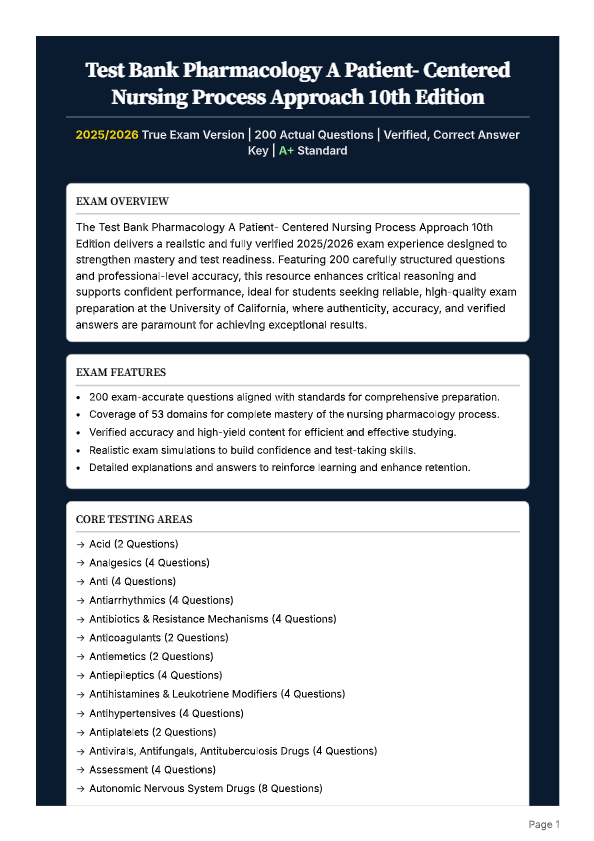 Pharmacology: A Patient-Centered Nursing Process Approach 10th Edition – Test Bank (2025–2026 Verifi