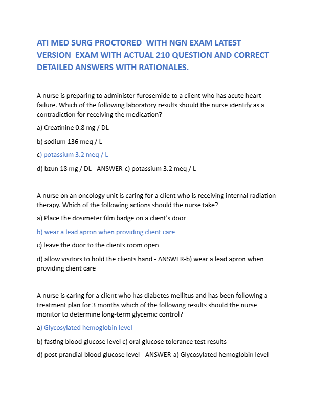ATI MED SURG PROCTORED WITH NGN EXAM LATEST VERSION EXAM WITH ACTUAL 210 QUESTION AND CORRECT ANSWER