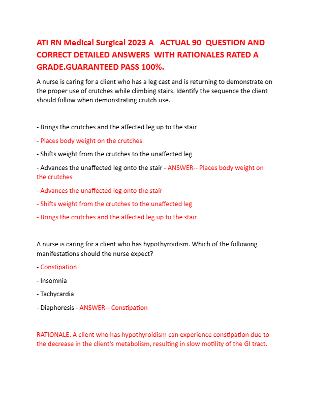 ATI RN Medical Surgical 2023 A ACTUAL 90 QUESTION AND CORRECT DETAILED ANSWERS WITH RATIONALES RATED