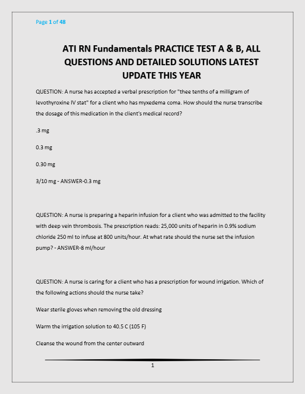 ATI RN Fundamentals PRACTICE TEST A & B, ALL QUESTIONS AND DETAILED SOLUTIONS LATEST UPDATE THIS YEA