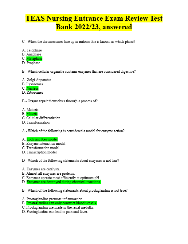 TEAS Nursing Entrance Exam Review Test  Bank 2025/2026 Answered