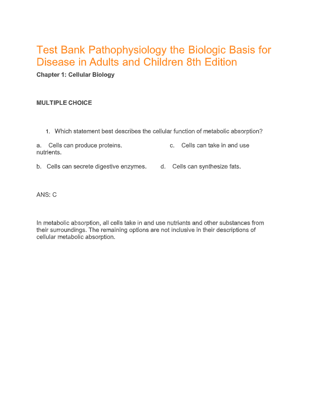 Pathophysiology The Biologic Basis for Disease 8th Edition Test Bank | Chapters 1–50 | McCance & Hue