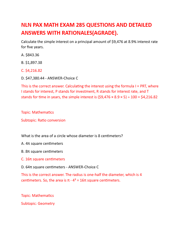 NLN PAX MATH EXAM 285 QUESTIONS AND DETAILED ANSWERS WITH RATIONALES(AGRADE).