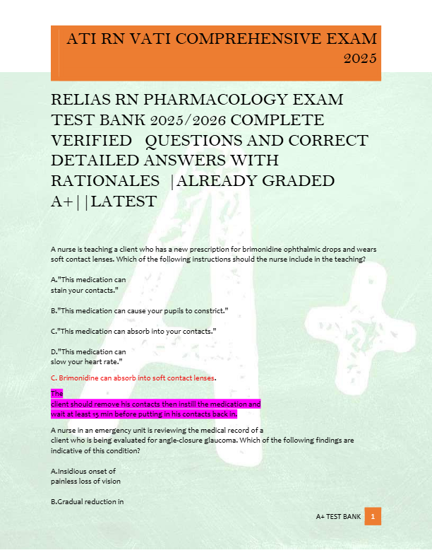RELIAS RN PHARMACOLOGY EXAM  TEST BANK 2025/2026 COMPLETE  VERIFIED   QUESTIONS AND CORRECT  DETAILE