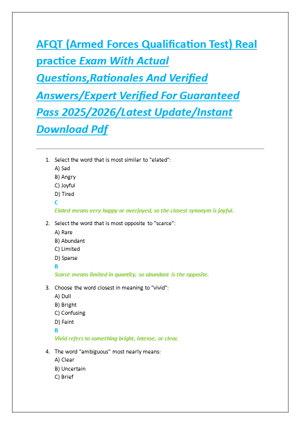 AFQT (Armed Forces Qualification Test) Real  practice Exam With Actual  Questions,Rationales And Ver