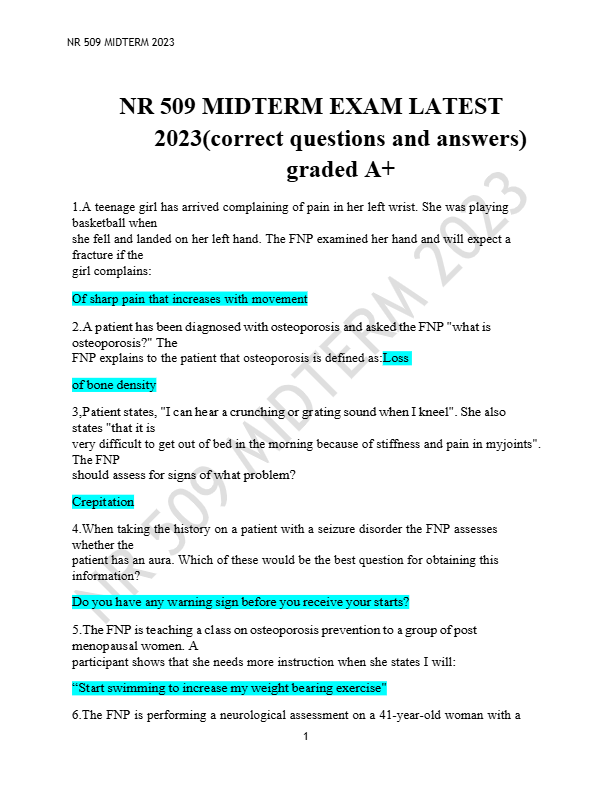 NR 509 MIDTERM EXAM LATEST  2023-2025(correct questions and answers)  graded A+