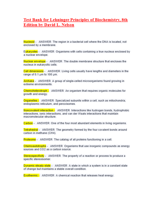 Complete Test Bank for Principles of Biochemistry 5th Edition | Moran, Horton, Scrimgeour & Perry
