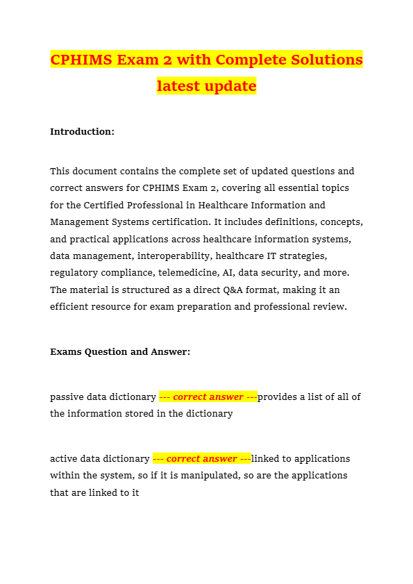 CPHIMS Exam 2 with Complete Solutions latest update