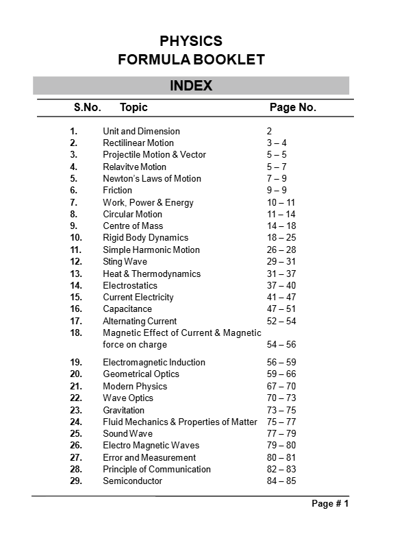 Physics Formula Sheet for JEE Mains WBJEE JEE Advanced NEET and other competitive exams