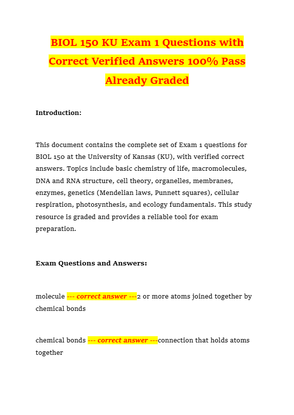 BIOL 150 KU Exam 1 Questions with Correct Verified Answers 100% Pass Already Graded